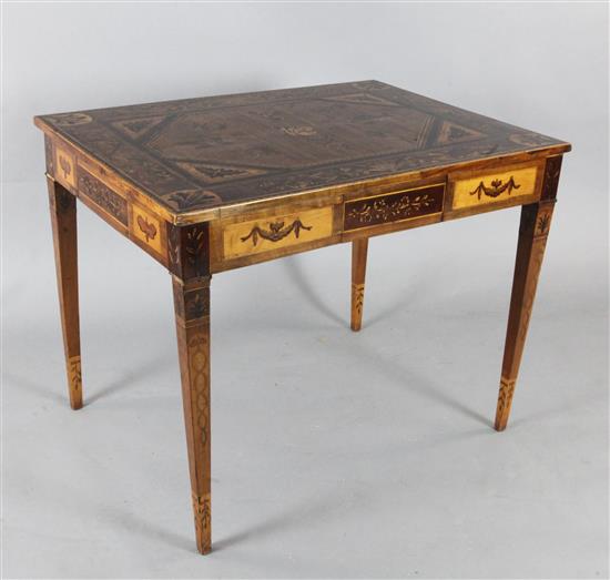 A late 18th century North Italian marquetry and walnut centre table, W.3ft 2.5in. D.2ft 5in. H.2ft 6in.